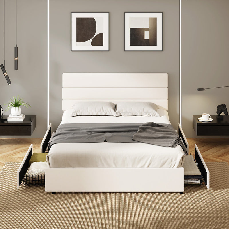 Oikiture Bed Frame Queen Headboard Beds with 4 Storage Drawers Beige