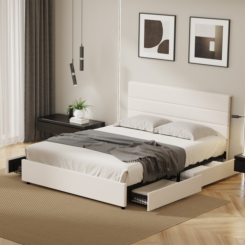Oikiture Bed Frame Queen Headboard Beds with 4 Storage Drawers Beige