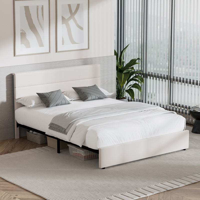 Oikiture Bed Frame Queen Size Platform Beds with Headboard Beige