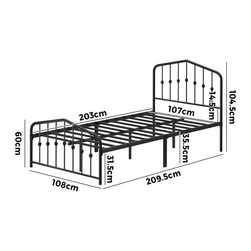 Oikiture King Single Metal Bed Frame Headboard Footboard Black