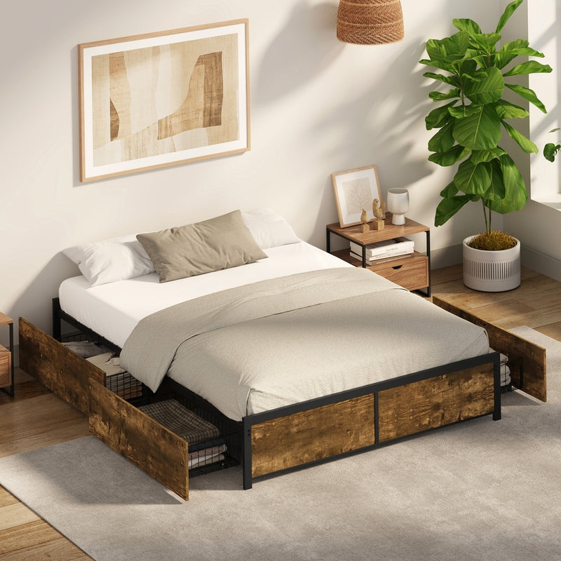Oikiture Double Metal Bed Frame with 4 Storage Drawers