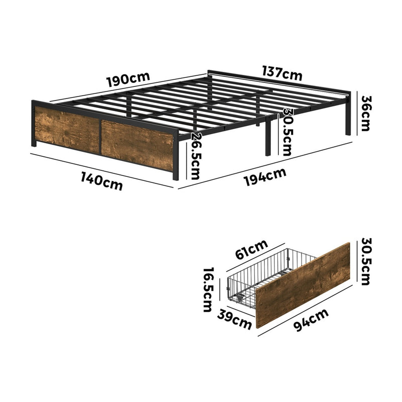 Oikiture Double Metal Bed Frame with 4 Storage Drawers