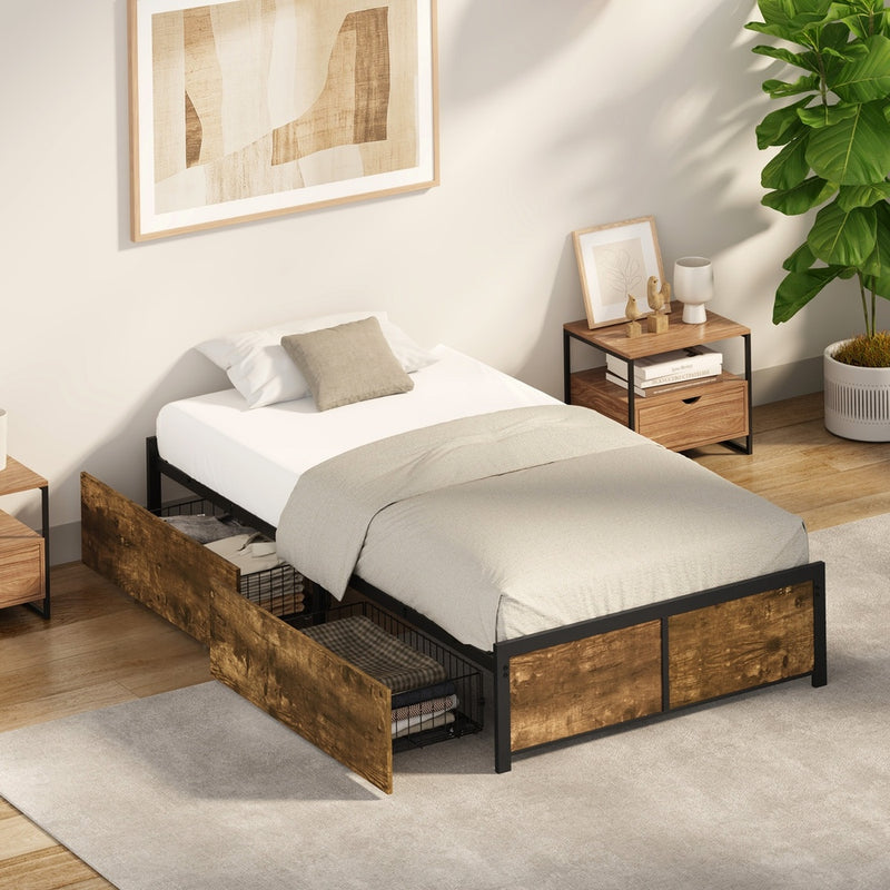Oikiture King Single Metal Bed Frame with 2 Storage Drawers