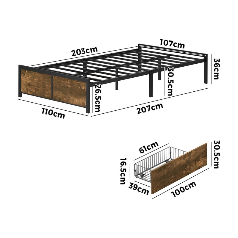 Oikiture King Single Metal Bed Frame with 2 Storage Drawers