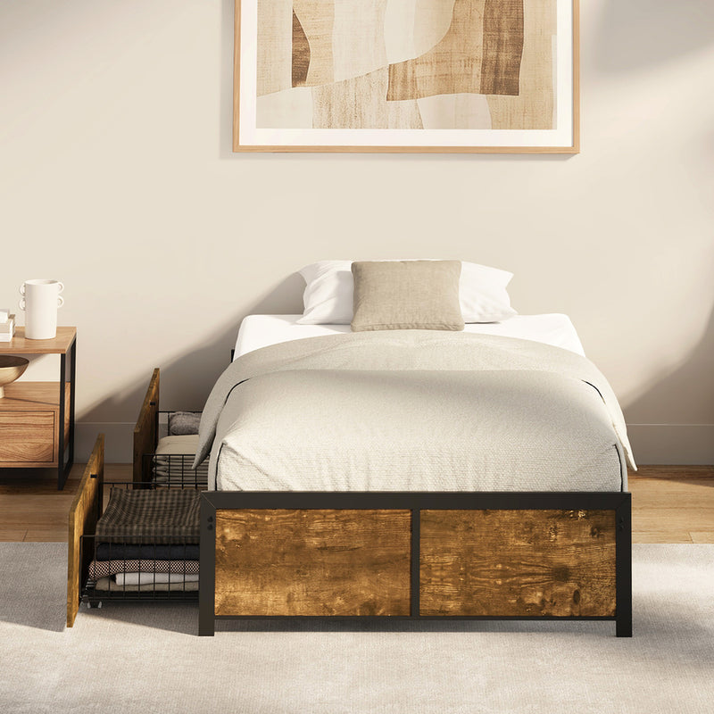 Oikiture King Single Metal Bed Frame with 2 Storage Drawers
