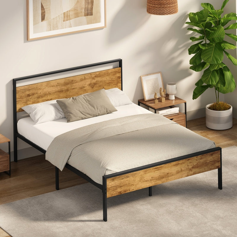 Oikiture Double Metal Bed Frame Platform Bed Base Natural