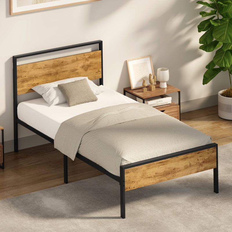 Oikiture Single Metal Bed Frame Platform Bed Base Natural