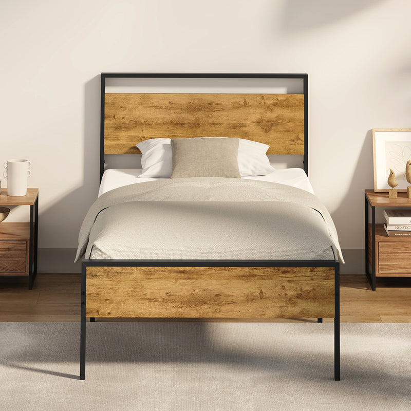 Oikiture Single Metal Bed Frame Platform Bed Base Natural