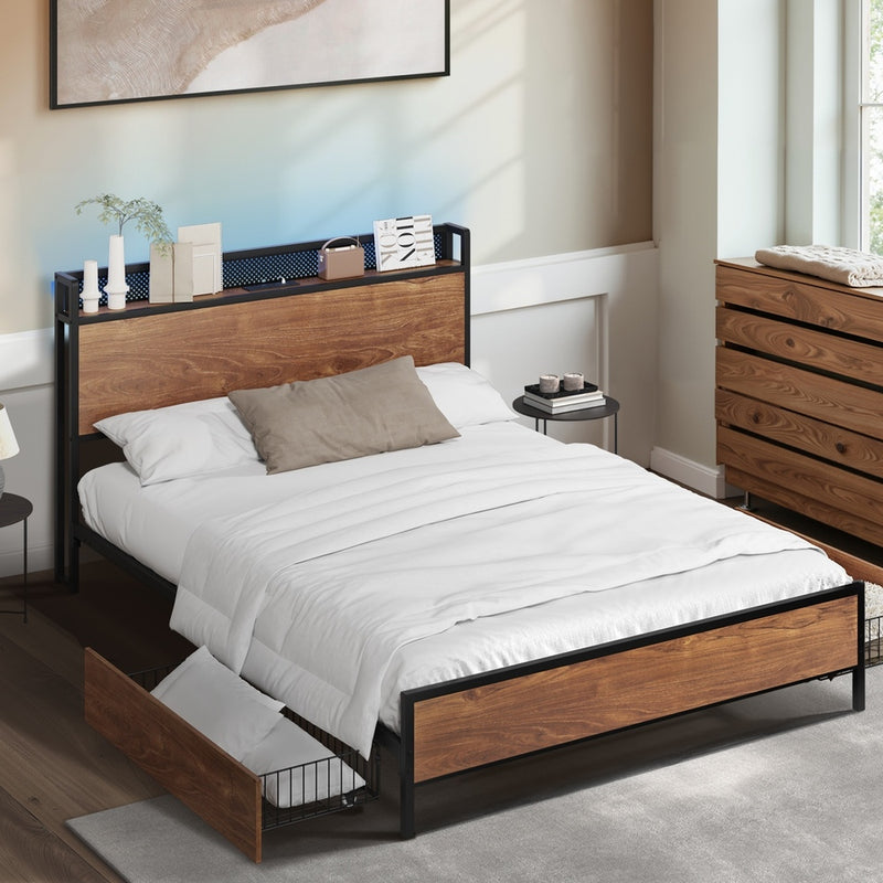 Oikiture Metal Bed Frame Double LED Headboard 2 Storage Drawers USB