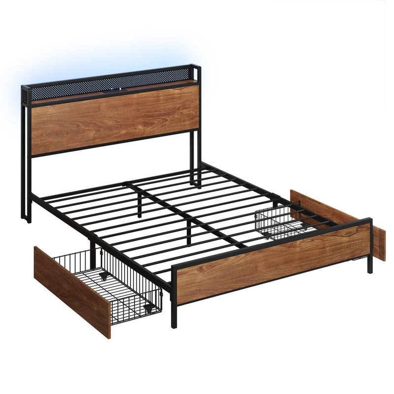 Oikiture Metal Bed Frame Double LED Headboard 2 Storage Drawers USB