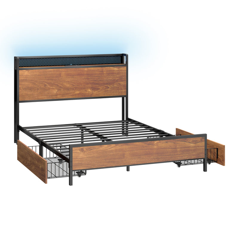 Oikiture Metal Bed Frame Double Size LED Headboard 2 Storage Drawers USB