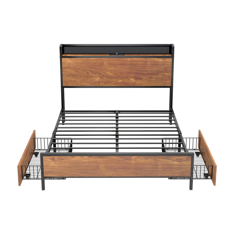Oikiture Metal Bed Frame Double Size LED Headboard 2 Storage Drawers USB