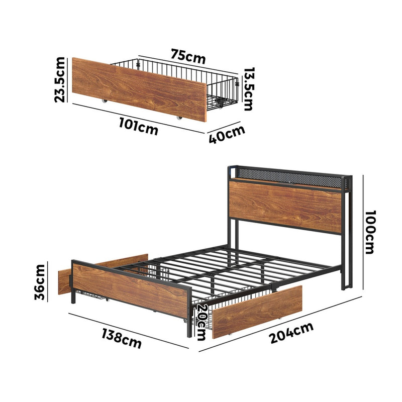 Oikiture Metal Bed Frame Double Size LED Headboard 2 Storage Drawers USB