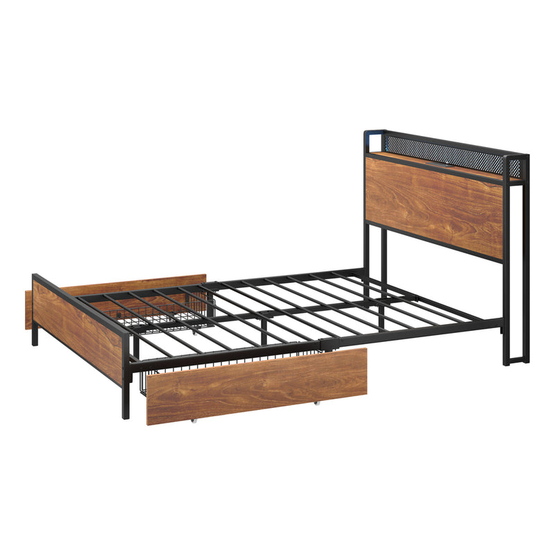 Oikiture Metal Bed Frame Double Size LED Headboard 2 Storage Drawers USB