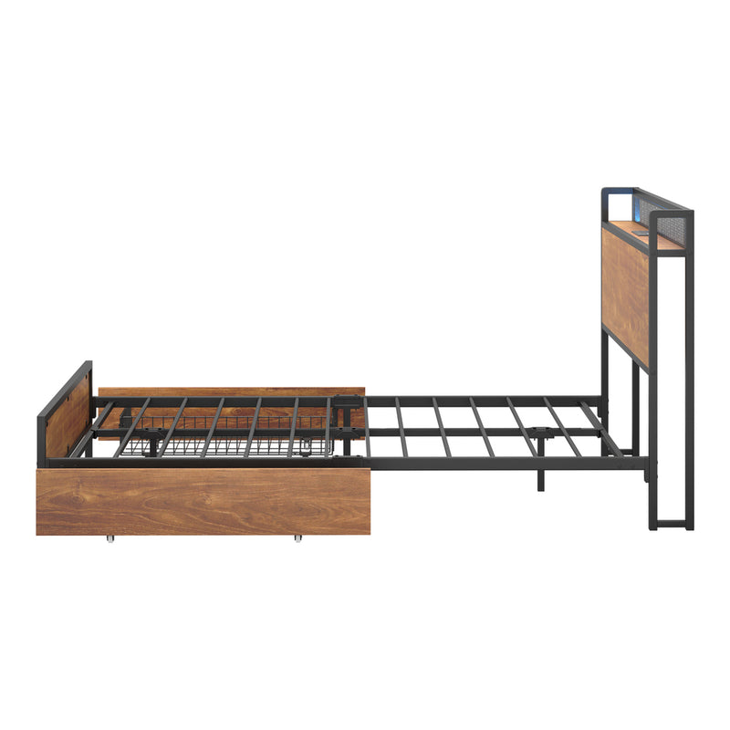 Oikiture Metal Bed Frame Double Size LED Headboard 2 Storage Drawers USB