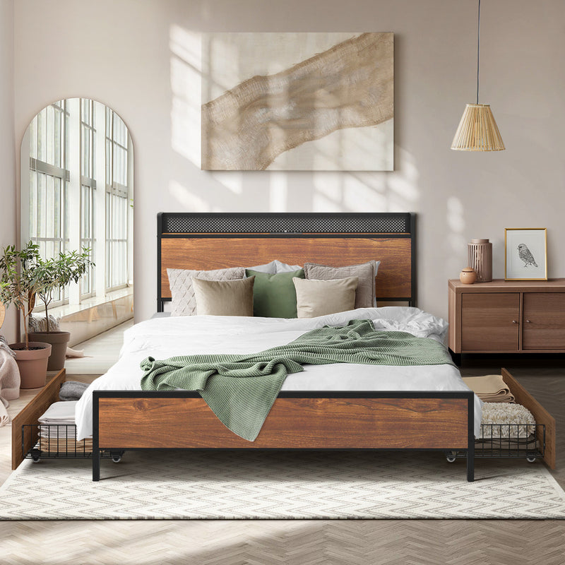 Oikiture Metal Bed Frame Double Size LED Headboard 2 Storage Drawers USB