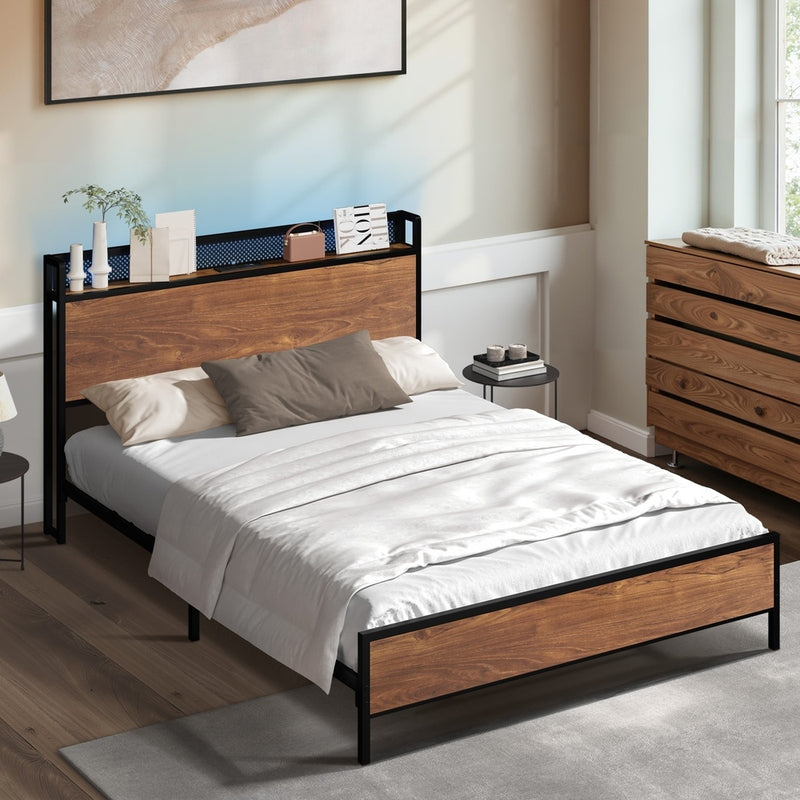 Oikiture Metal Bed Frame Double LED Light USB Charge Storage Headboard