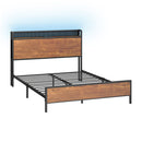 Oikiture Metal Bed Frame Double Size LED USB Charge Storage Headboard