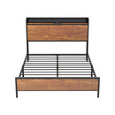 Oikiture Metal Bed Frame Double Size LED USB Charge Storage Headboard