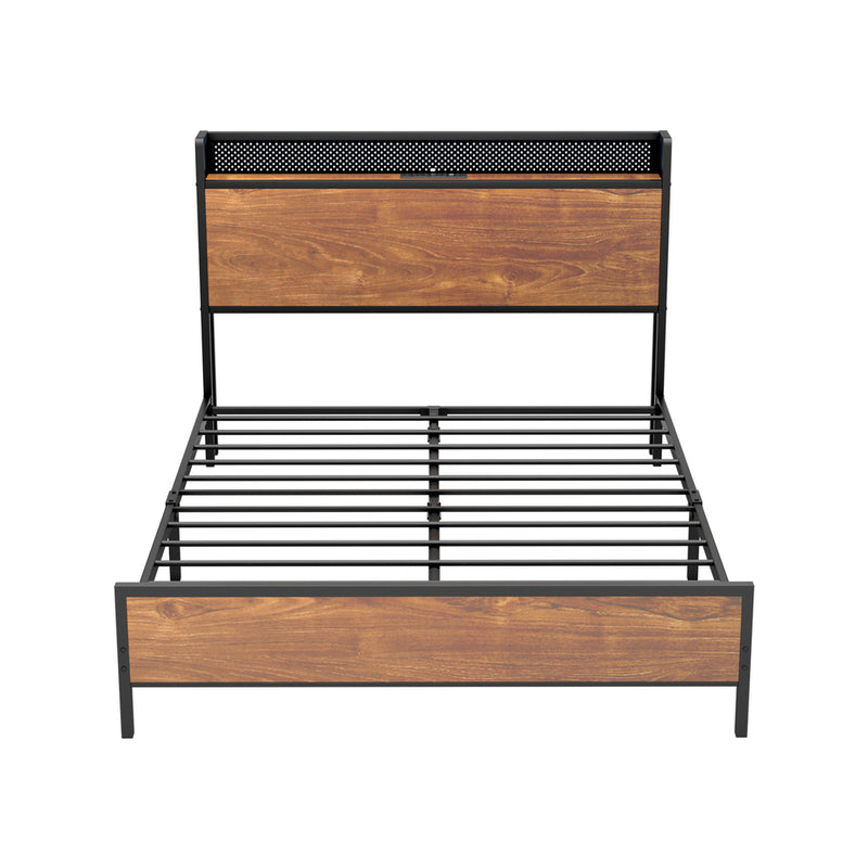 Oikiture Metal Bed Frame Double Size LED USB Charge Storage Headboard