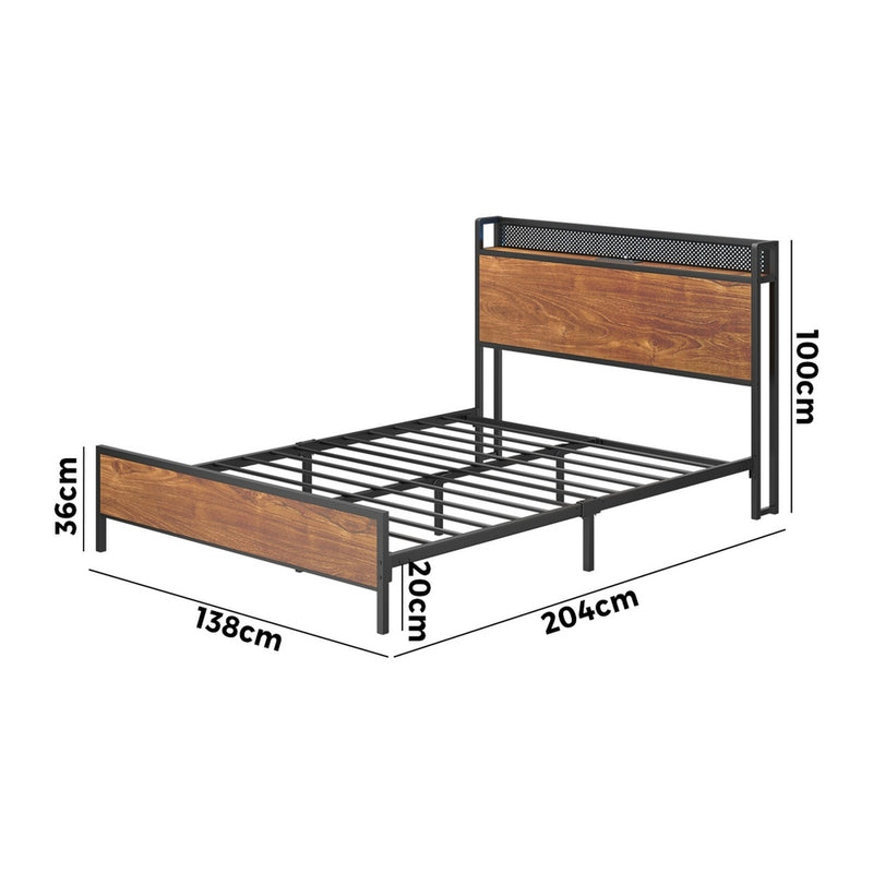 Oikiture Metal Bed Frame Double LED Light USB Charge Storage Headboard