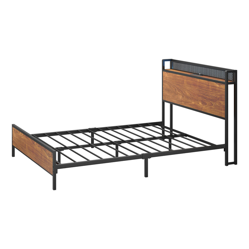 Oikiture Metal Bed Frame Double Size LED USB Charge Storage Headboard