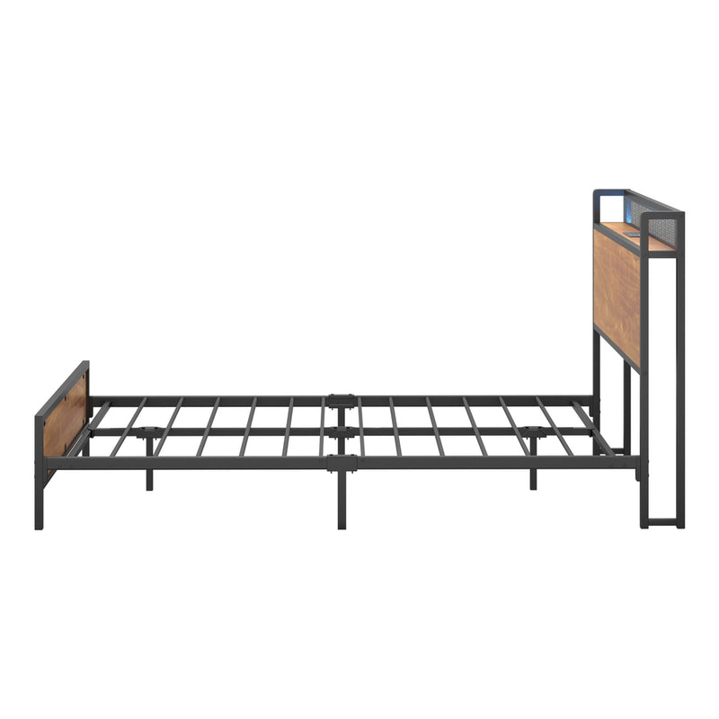 Oikiture Metal Bed Frame Double LED Light USB Charge Storage Headboard