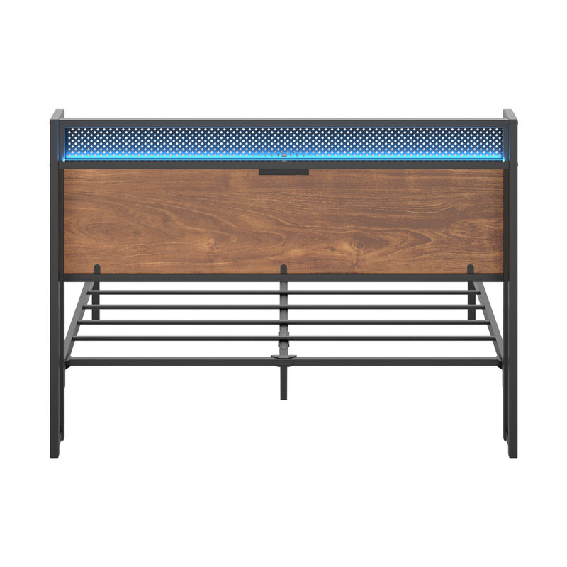 Oikiture Metal Bed Frame Double Size LED USB Charge Storage Headboard