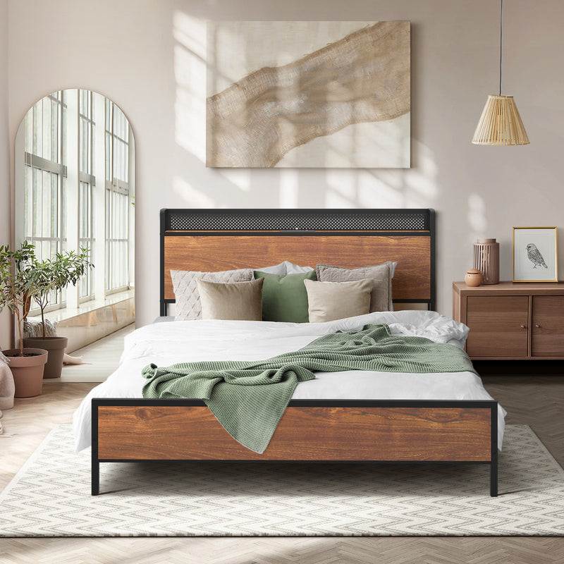 Oikiture Metal Bed Frame Double LED Light USB Charge Storage Headboard