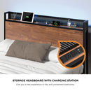 Oikiture Metal Bed Frame Double Size LED USB Charge Storage Headboard