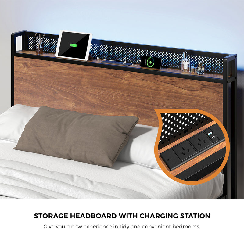 Oikiture Metal Bed Frame Double Size LED USB Charge Storage Headboard