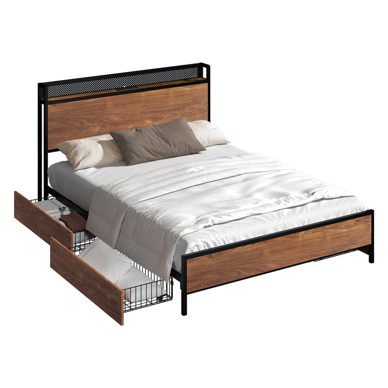 Oikiture Metal Bed Frame King with LED Headboard 4 Storage Drawers USB