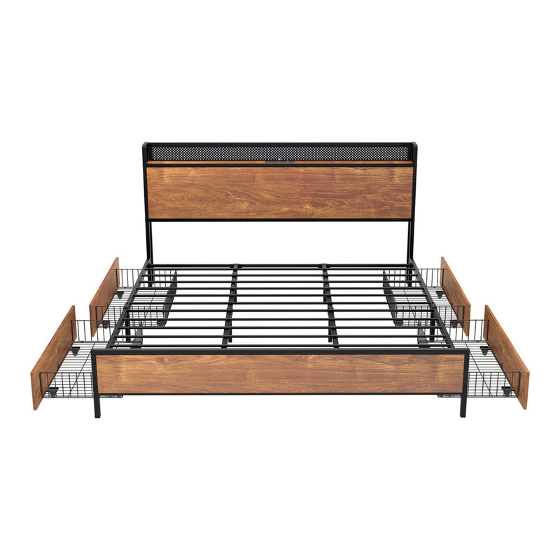 Oikiture Metal Bed Frame King with LED Headboard 4 Storage Drawers USB