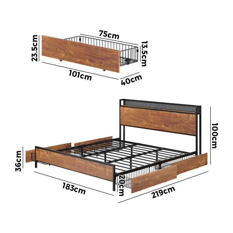 Oikiture Metal Bed Frame King with LED Headboard 4 Storage Drawers USB