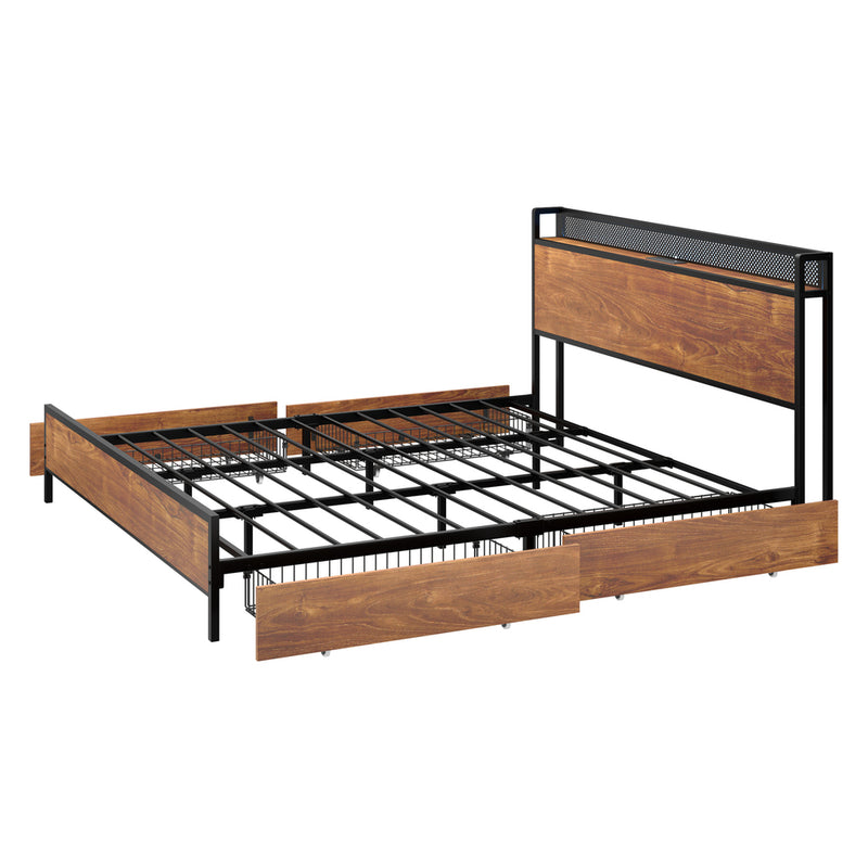 Oikiture Metal Bed Frame King with LED Headboard 4 Storage Drawers USB