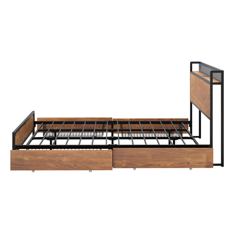 Oikiture Metal Bed Frame King with LED Headboard 4 Storage Drawers USB