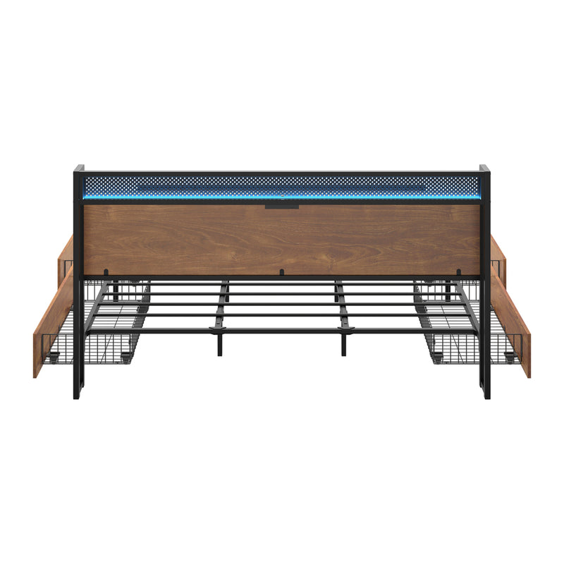 Oikiture Metal Bed Frame King with LED Headboard 4 Storage Drawers USB