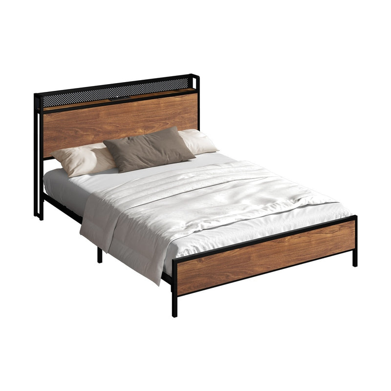 Oikiture Metal Bed Frame King LED Light USB Charge Storage Headboard