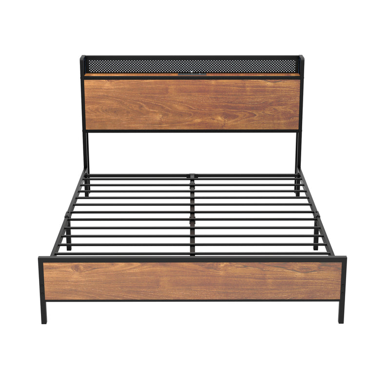 Oikiture Metal Bed Frame King LED Light USB Charge Storage Headboard