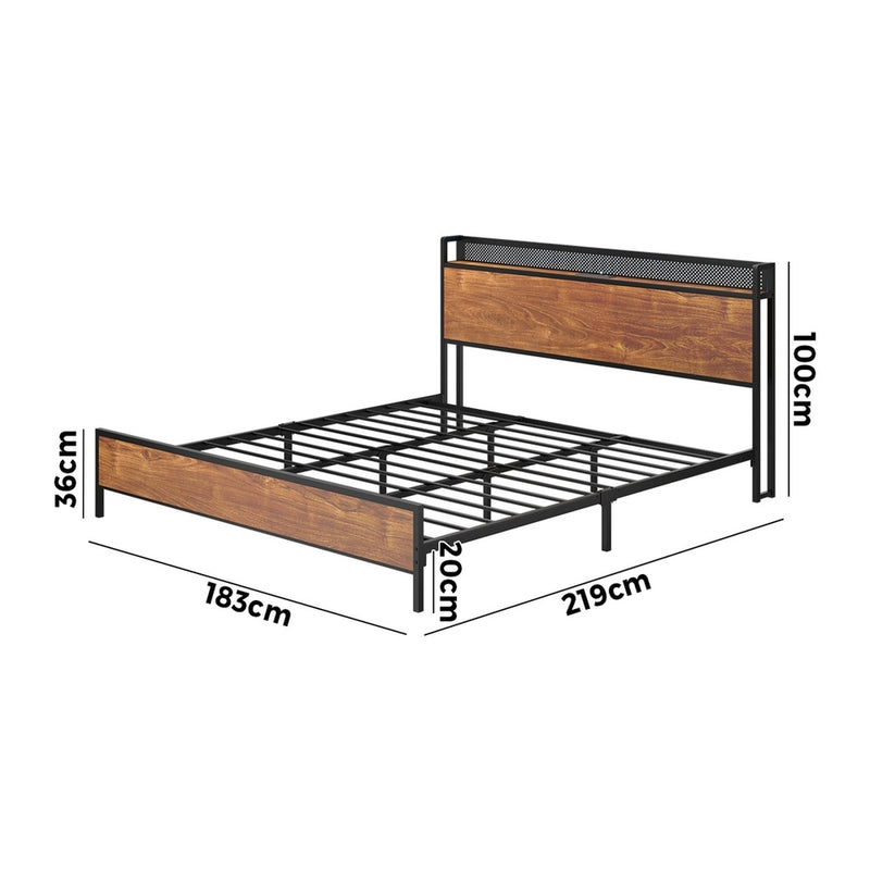Oikiture Metal Bed Frame King LED Light USB Charge Storage Headboard