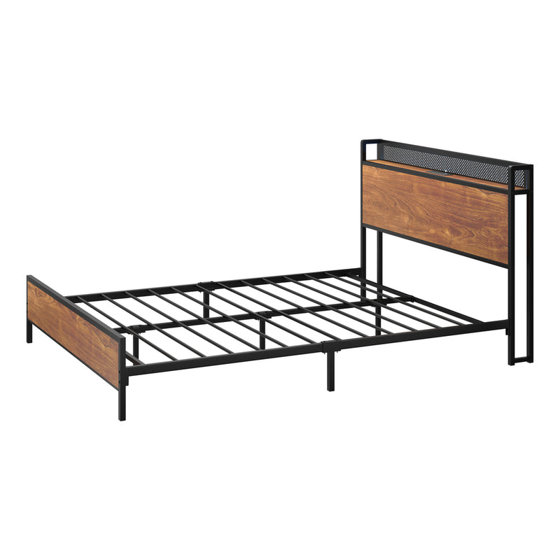 Oikiture Metal Bed Frame King LED Light USB Charge Storage Headboard