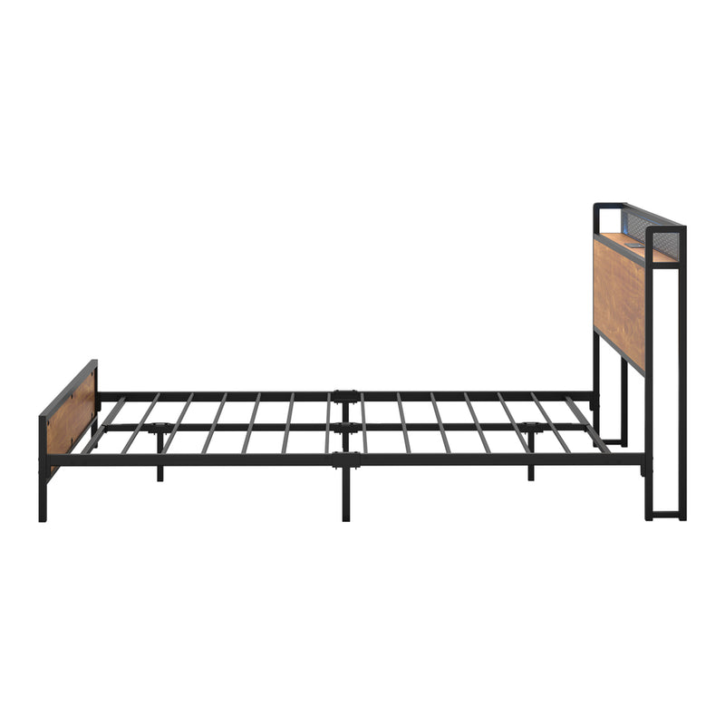 Oikiture Metal Bed Frame King LED Light USB Charge Storage Headboard