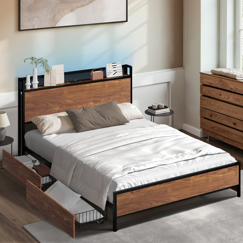 Oikiture Metal Bed Frame Queen Size LED Headboard 4 Storage Drawers USB