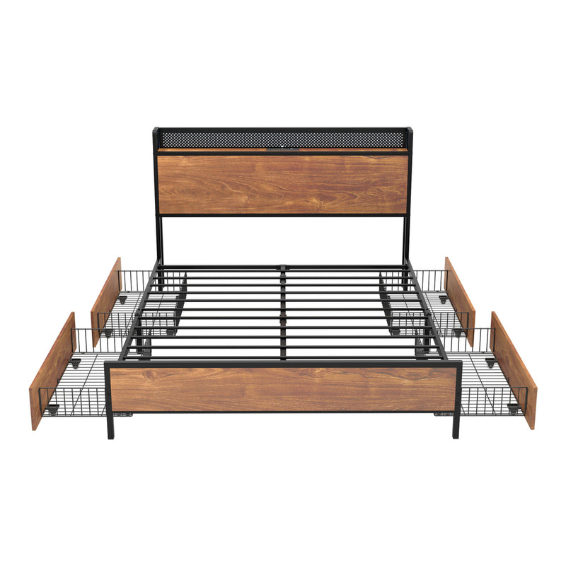 Oikiture Metal Bed Frame Queen Size LED Headboard 4 Storage Drawers USB