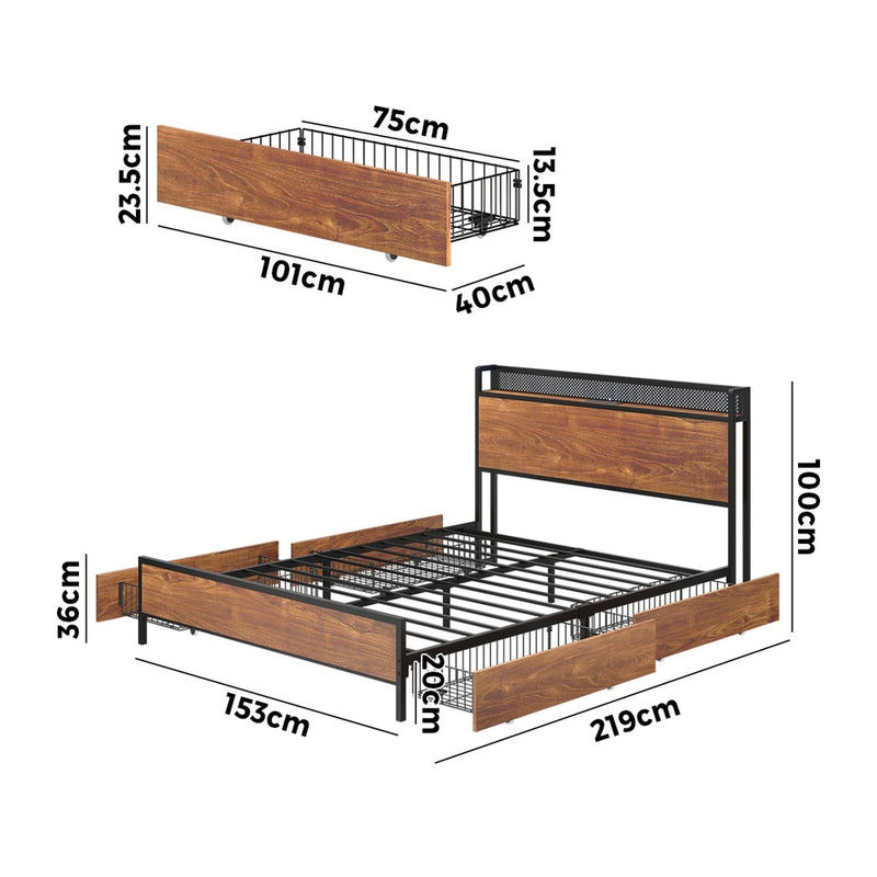 Oikiture Metal Bed Frame Queen LED Headboard 4 Storage Drawers USB