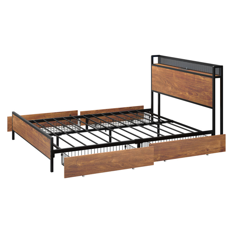 Oikiture Metal Bed Frame Queen LED Headboard 4 Storage Drawers USB