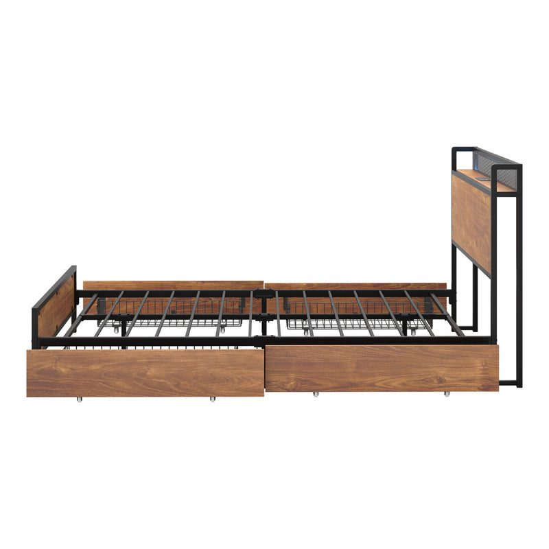 Oikiture Metal Bed Frame Queen Size LED Headboard 4 Storage Drawers USB