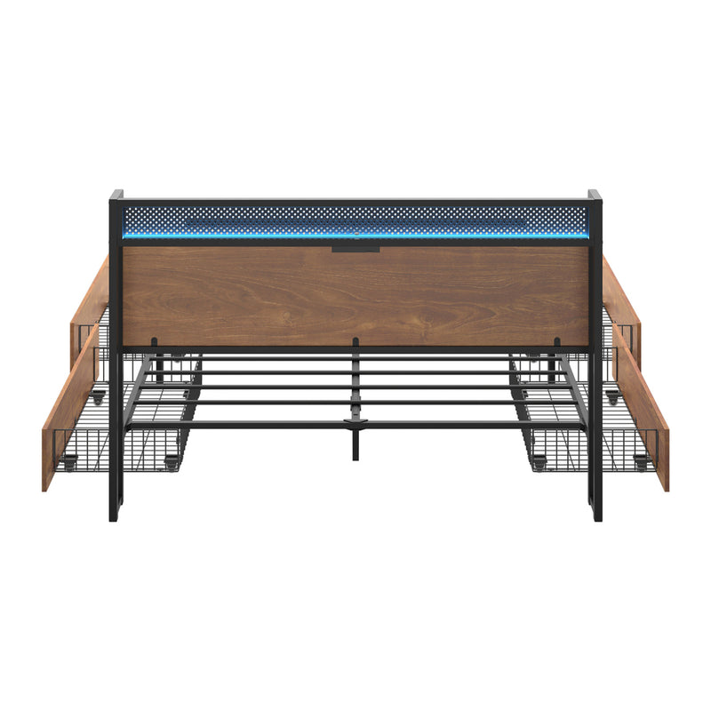 Oikiture Metal Bed Frame Queen Size LED Headboard 4 Storage Drawers USB