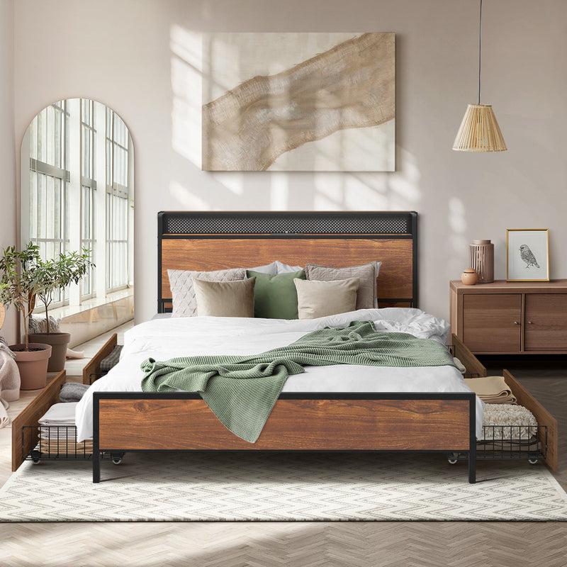 Oikiture Metal Bed Frame Queen Size LED Headboard 4 Storage Drawers USB