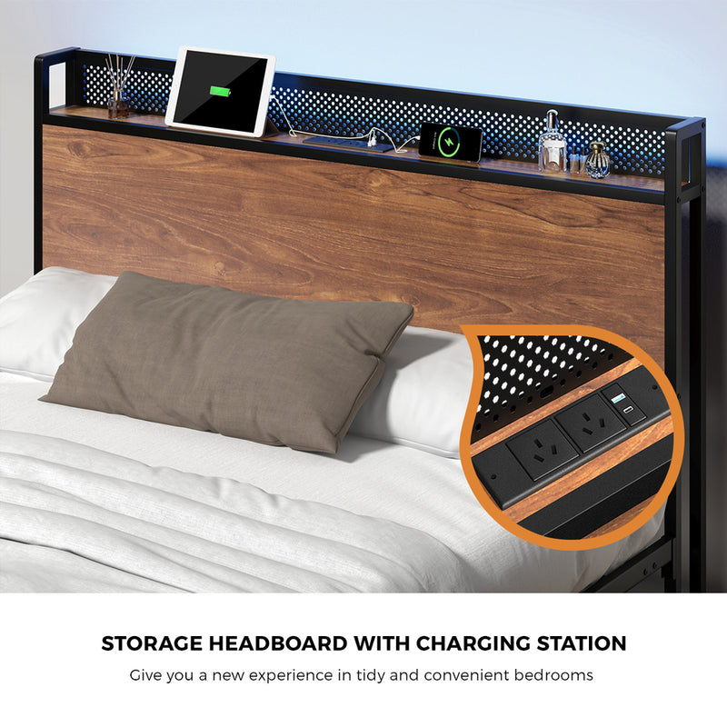 Oikiture Metal Bed Frame Queen Size LED Headboard 4 Storage Drawers USB